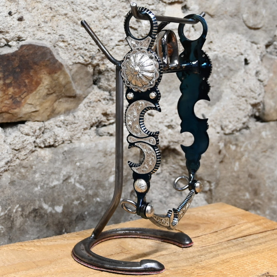 JT Silversmiths silver-inlay bit with double crescent and concho detailing on steel shank