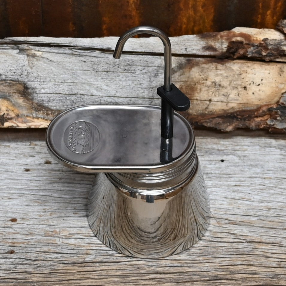 GSI Mini Espresso Maker 4-cup stainless steel with matching double-wall cup and carry case