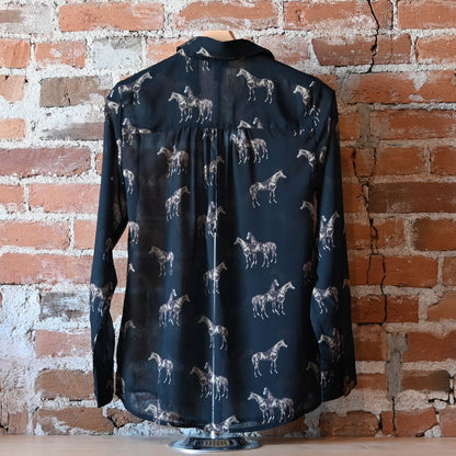 Black Brooks Shirt by Tasha Polizzi with horse print, pointed collar, and decorative button details
