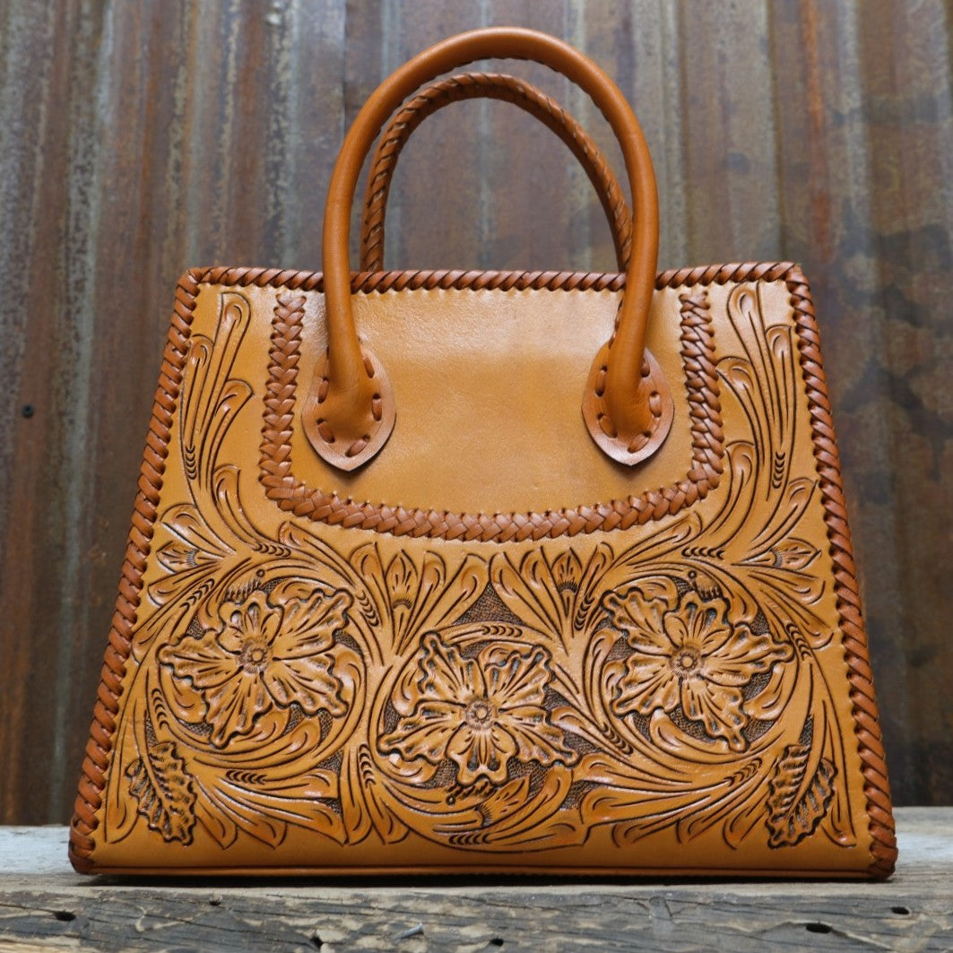Que Chula Alexis honey tooled leather handbag with floral Western tooling