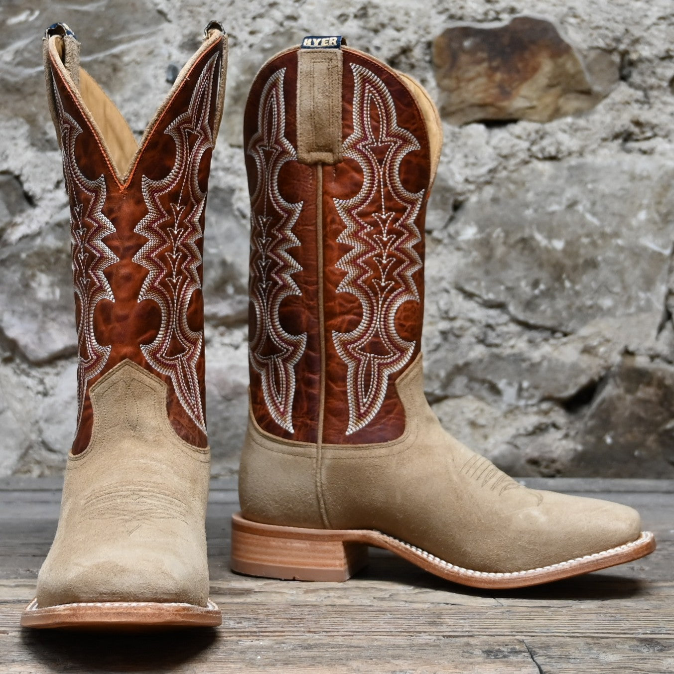 View of Hyer HOLTON 13&quot; boots showcasing sand roughout leather vamp and orange vintage cowhide upper with broad square toe and Stockman block heel