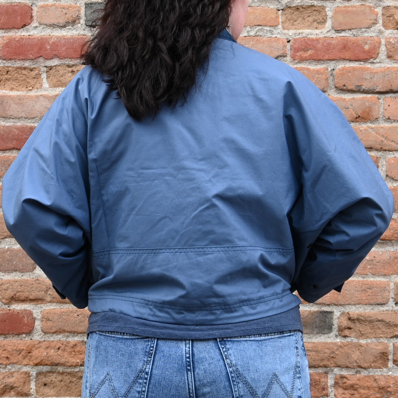 View of Filson Ladies Aviator Cloth Short Work Jacket in Flag Blue featuring gusseted cargo pockets and corduroy-lined collar