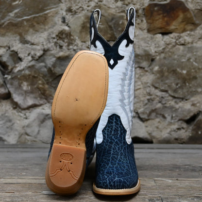 View of Hondo 13&quot; cowboy boot with white top, navy nubuck bullhide vamp, blue stitching, snip toe, and spur ledge
