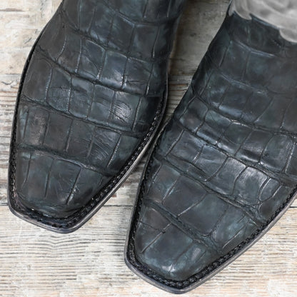 Lucchese men’s 13-inch boot in black giant American alligator leather with distressed finish and square toe