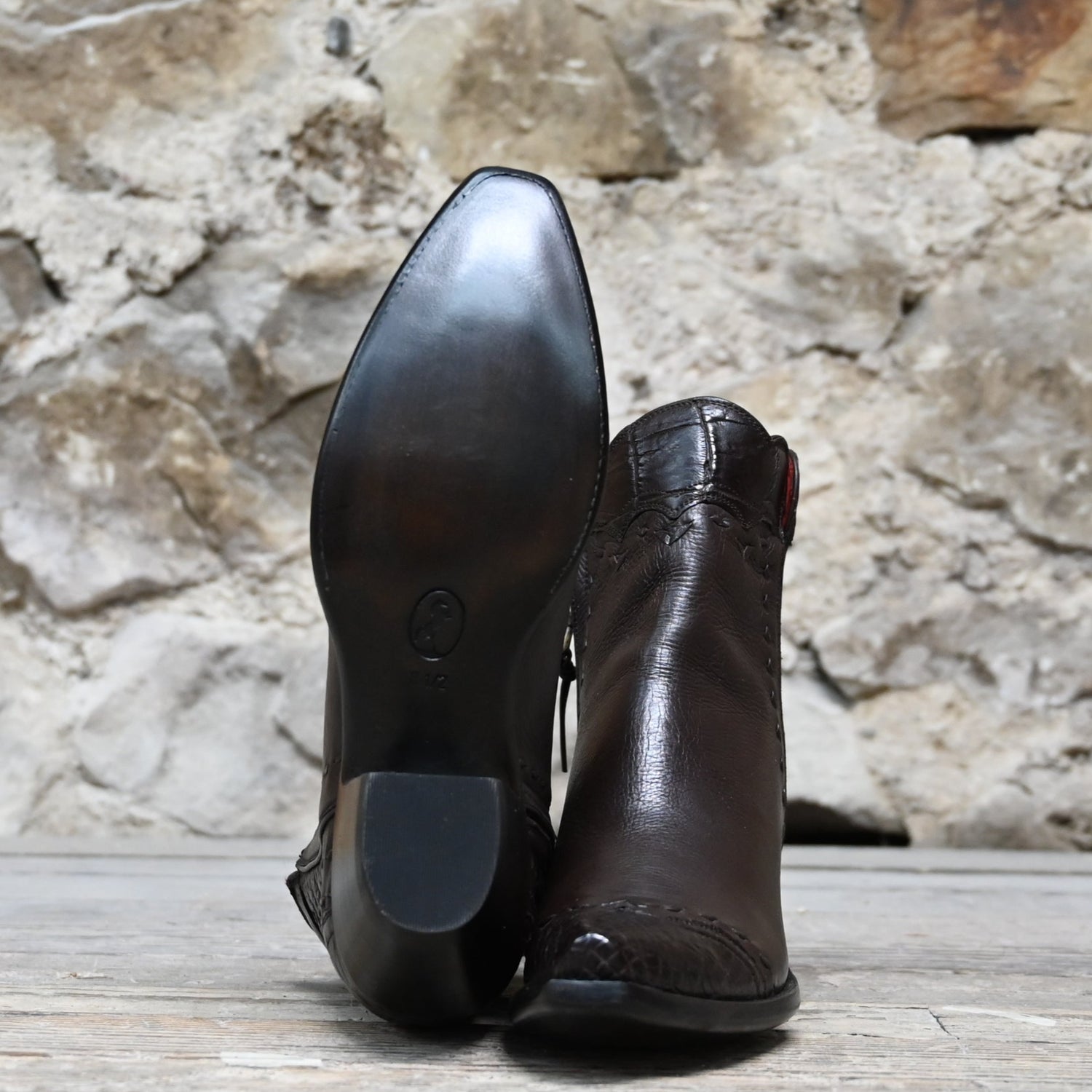 View of Stallion Ladies Zorro zip boot in chocolate calf with alligator wingtip and buckstitching