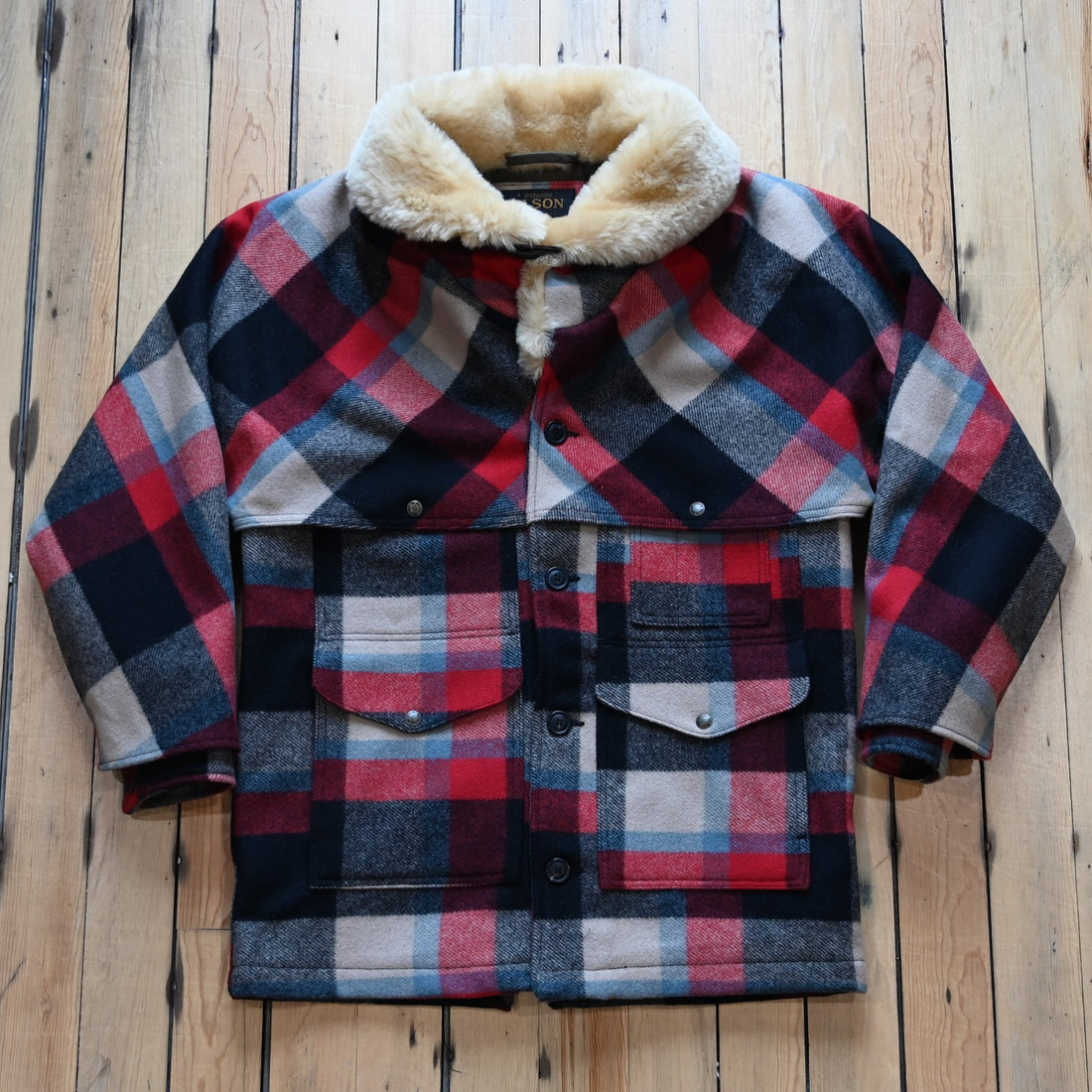 Filson Men’s Lined Mackinaw Wool Packer Coat Red Cream Blue Plaid