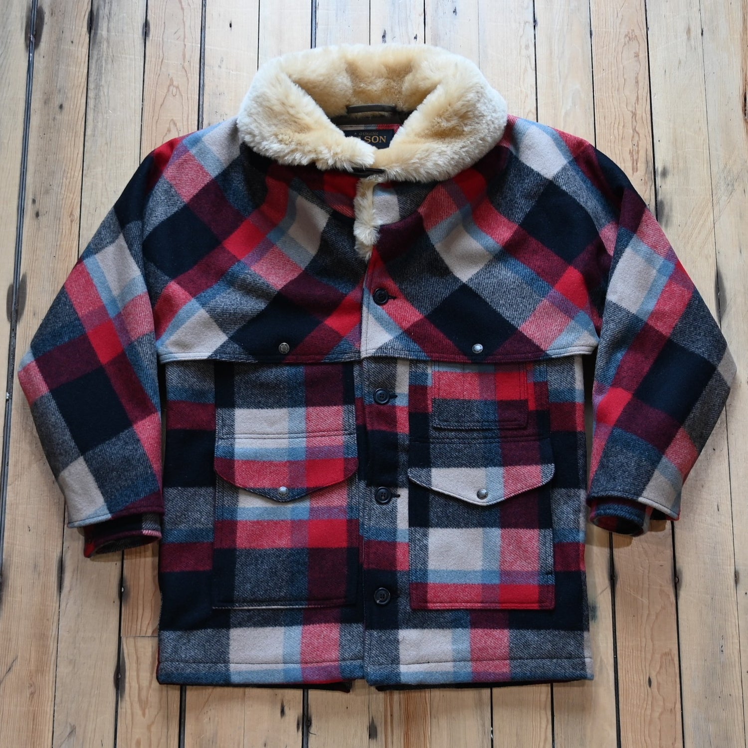 Filson Men’s Lined Mackinaw Wool Packer Coat Red Cream Blue Plaid