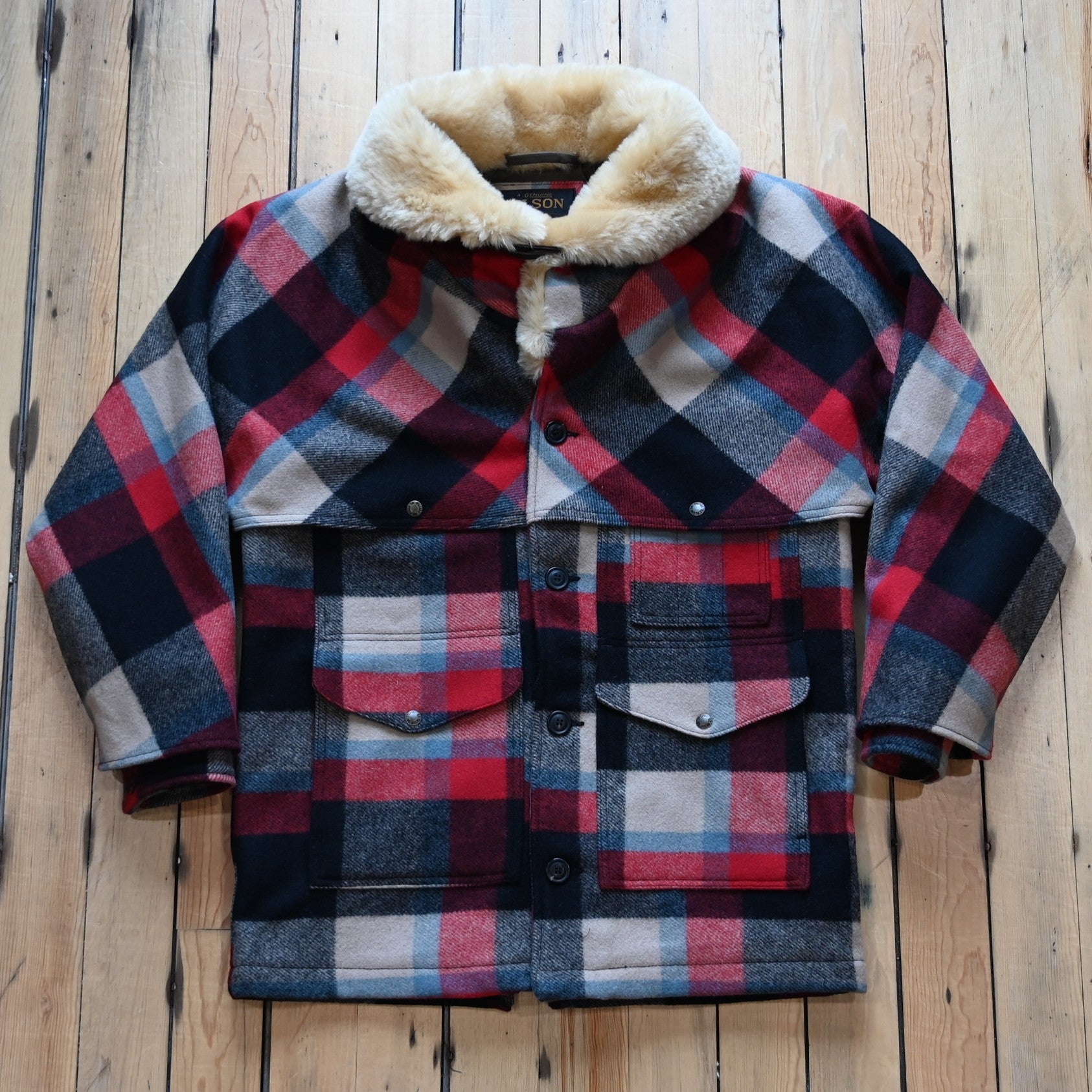 Filson Men’s Lined Mackinaw Wool Packer Coat Red Cream Blue Plaid