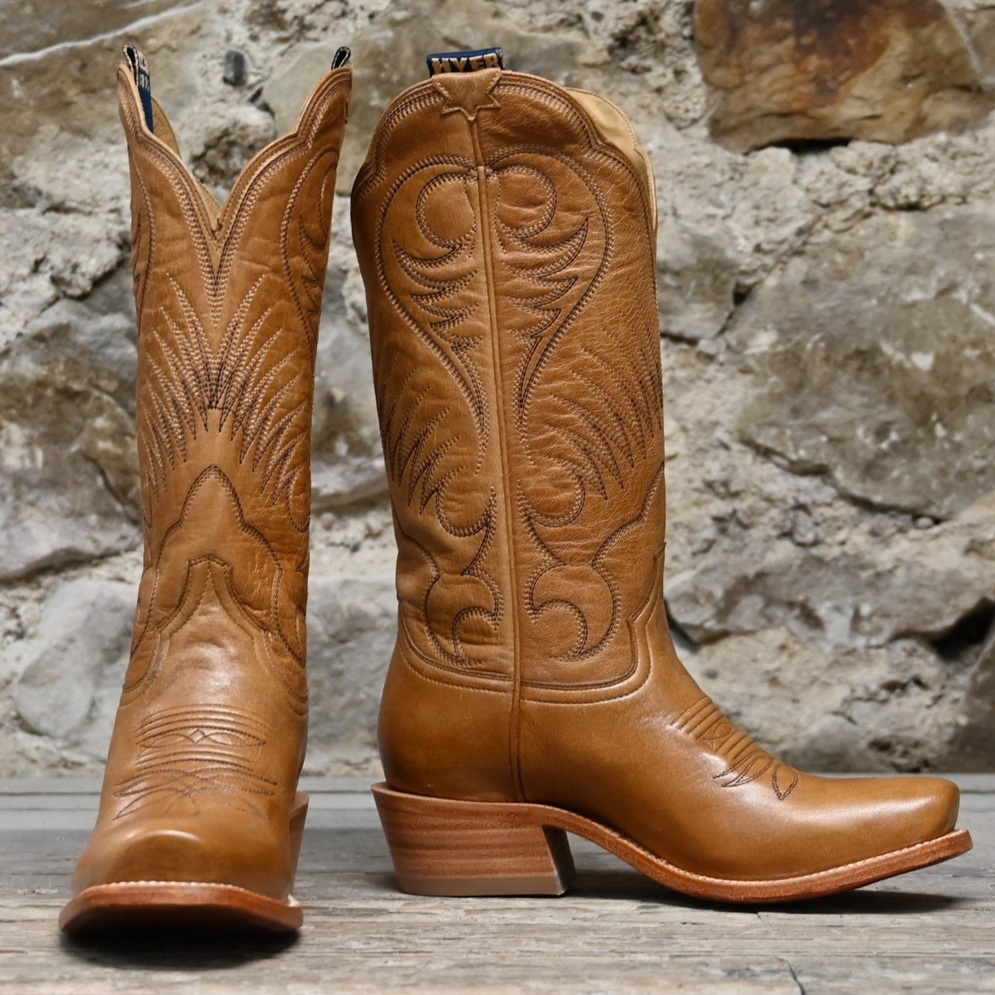 View of Hyer LEAWOOD 13&quot; boots showcasing honey-colored Mestizo goat leather vamp and upper with Cutter toe and leather stacked heel