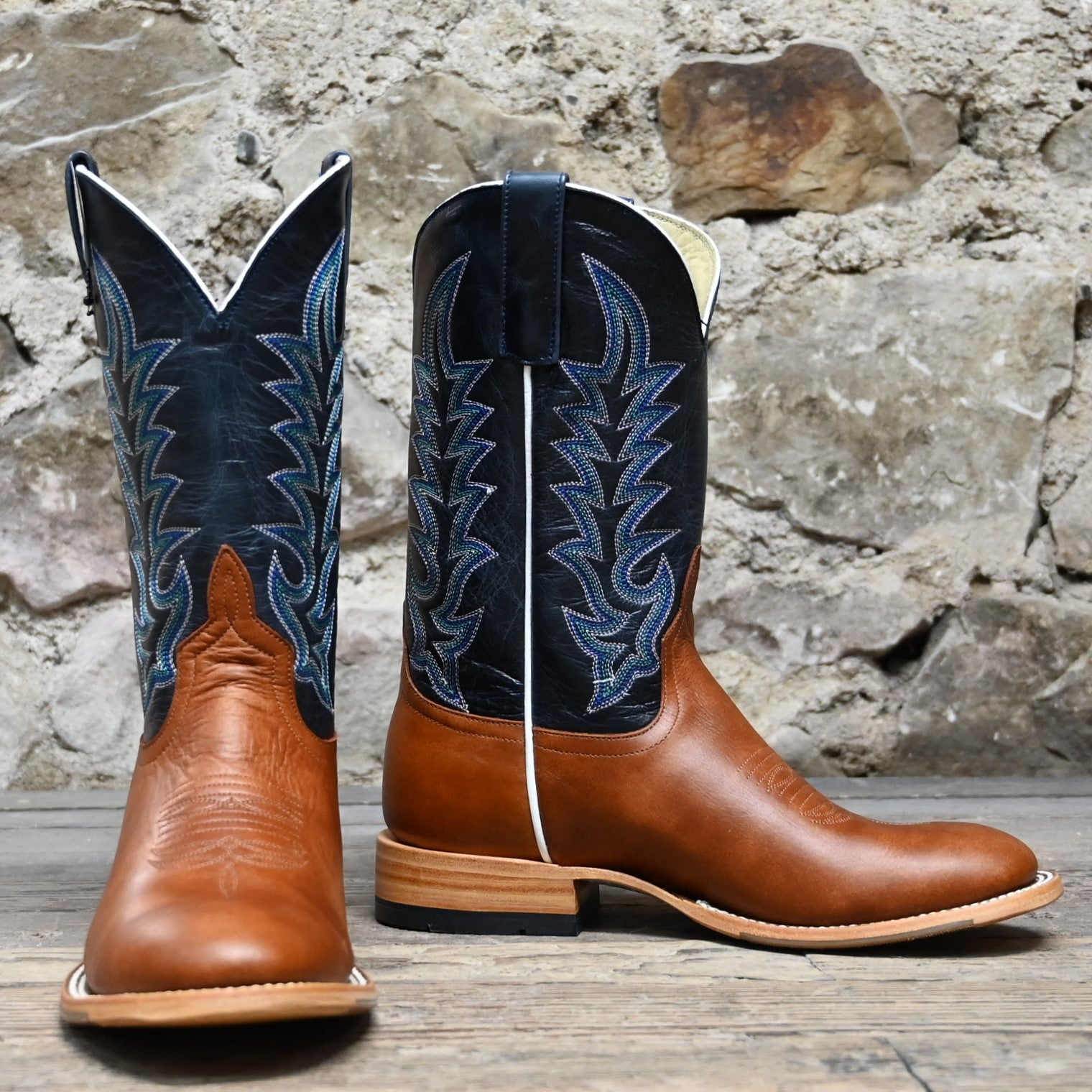 View of Horse Power 11&quot; boot with navy goat top, cognac Belton vamp, medium round toe, and pull straps