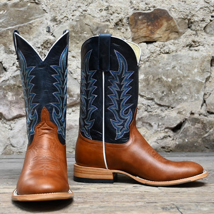 View of Horse Power 11&quot; boot with navy goat top, cognac Belton vamp, medium round toe, and pull straps
