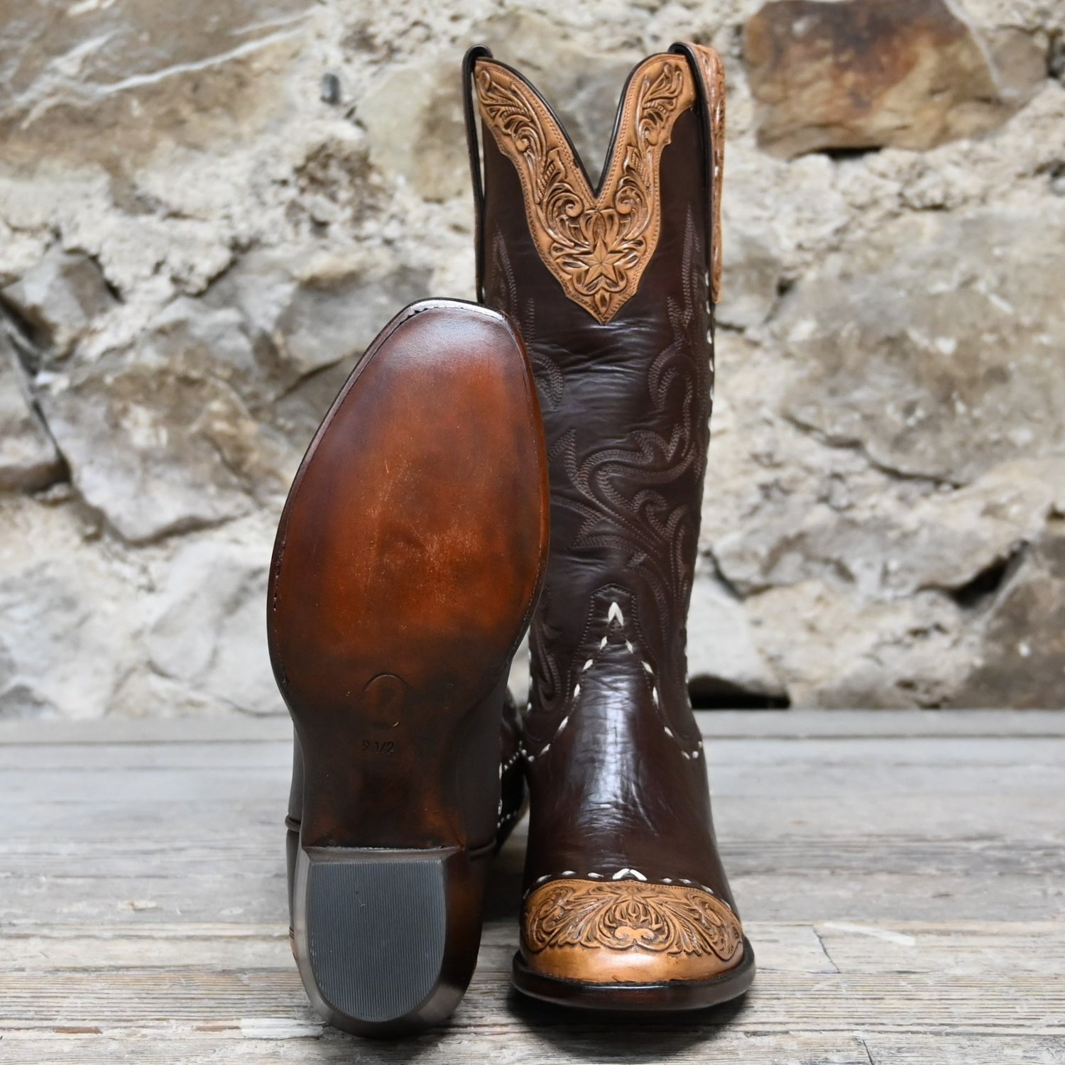 View of Stallion Ladies 14&quot; chocolate cowhide boot with floral tooled top and bone buckstitching
