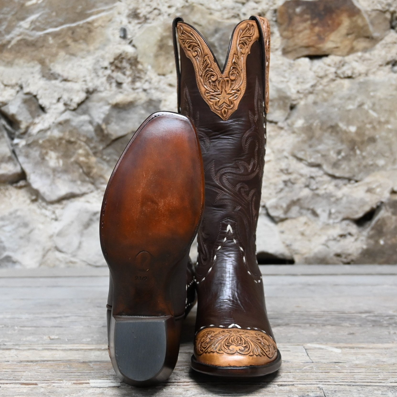 View of Stallion Ladies 14&quot; chocolate cowhide boot with floral tooled top and bone buckstitching