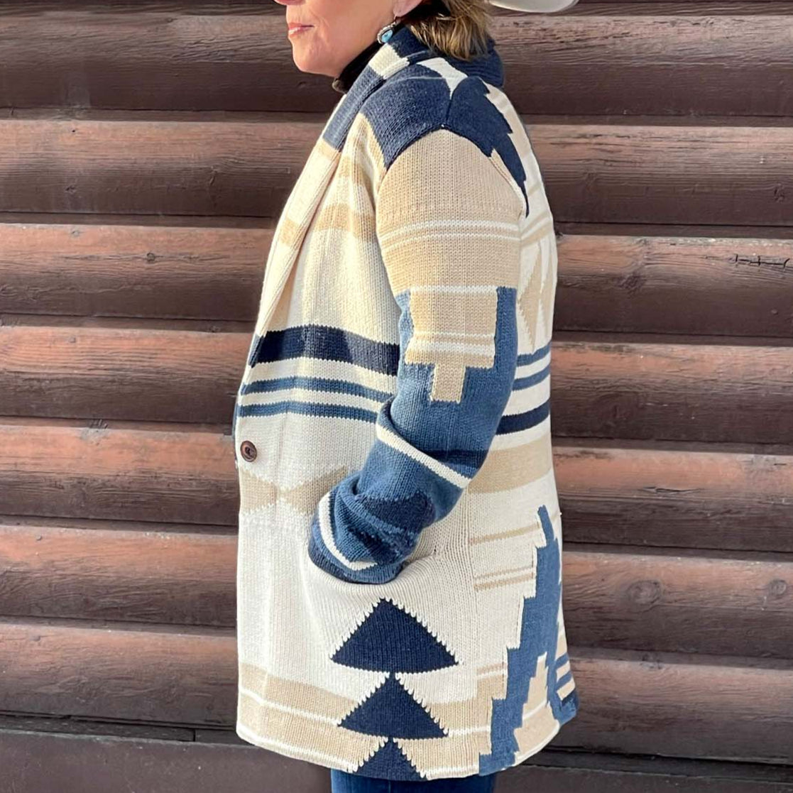 View of Pendleton shawl‑collar sweater blazer in sandshell and navy geometric pattern