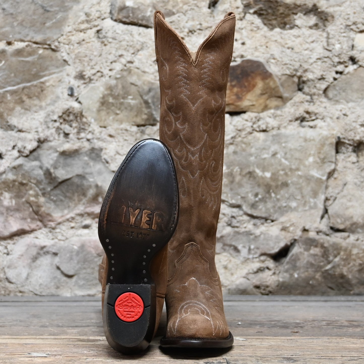 View of Hyer KINSLEY 16&quot; boots showcasing Dijon waxy suede vamp and upper with retro round toe and Western underslung leather stacked heel