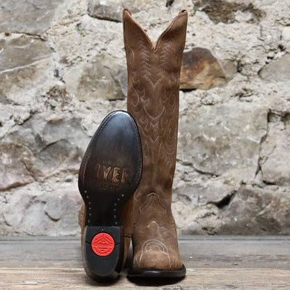 View of Hyer KINSLEY 16&quot; boots showcasing Dijon waxy suede vamp and upper with retro round toe and Western underslung leather stacked heel