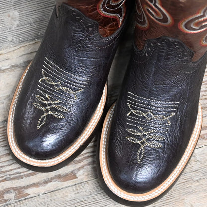 View of Hondo 13&quot; cowboy boot with rust volcano top, chocolate Spanish shoulder vamp, and wide round toe