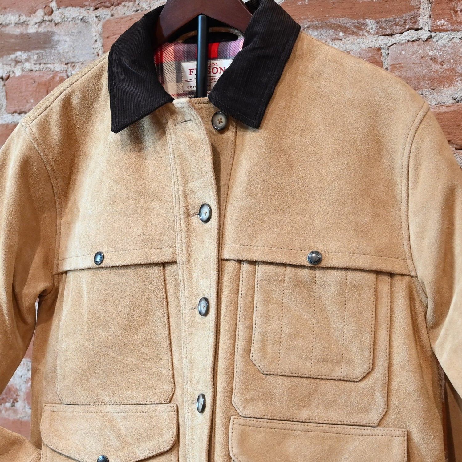 Filson Ladies Suede Cruiser Jacket in Saddle Brown with button-front and dual chest pockets