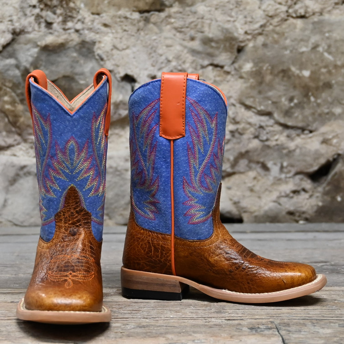 View of Horse Power Kids boot with Havana bullfrog vamp and blue jean floral shaft