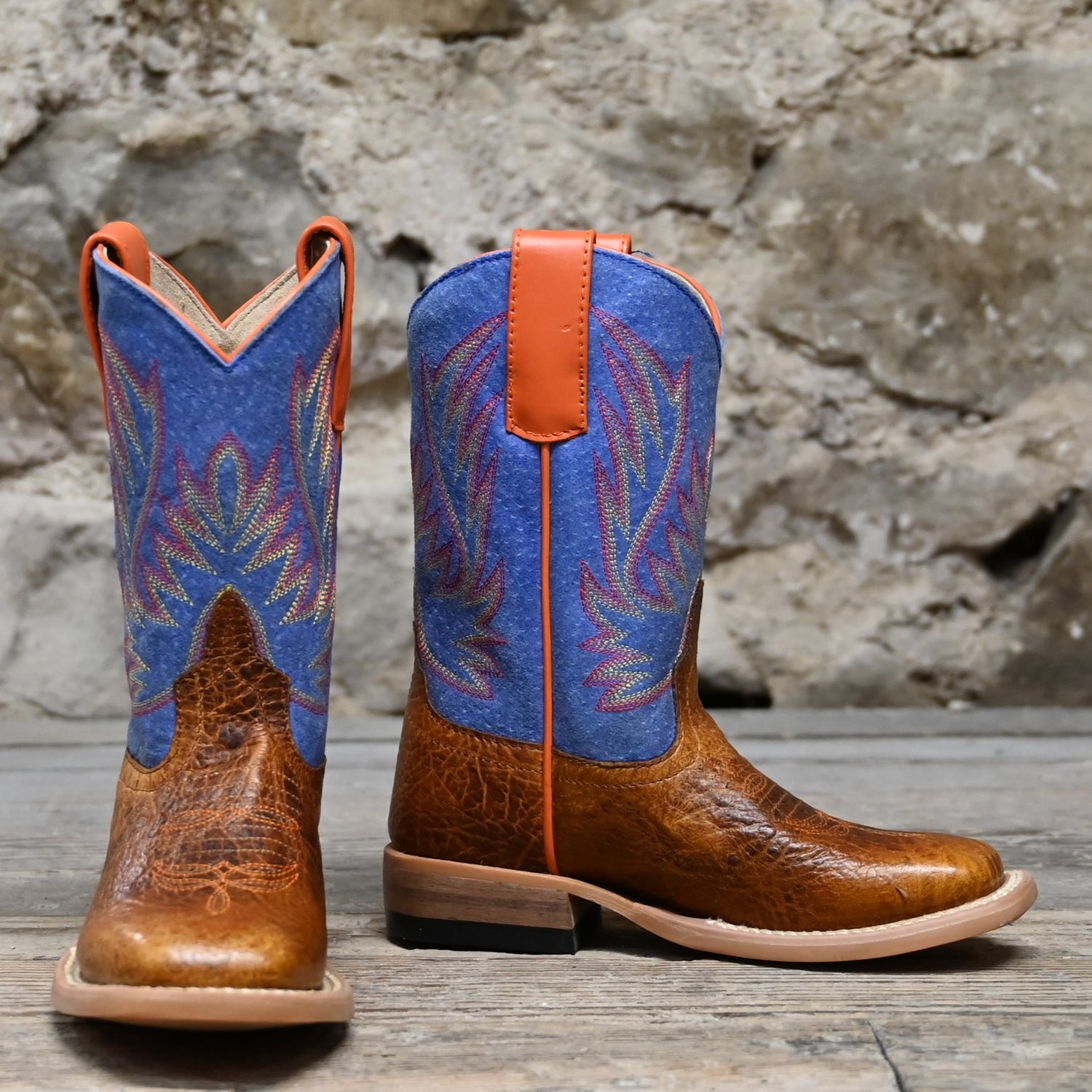 View of Horse Power Kids boot with Havana bullfrog vamp and blue jean floral shaft