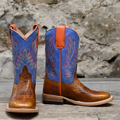 View of Horse Power Kids boot with Havana bullfrog vamp and blue jean floral shaft