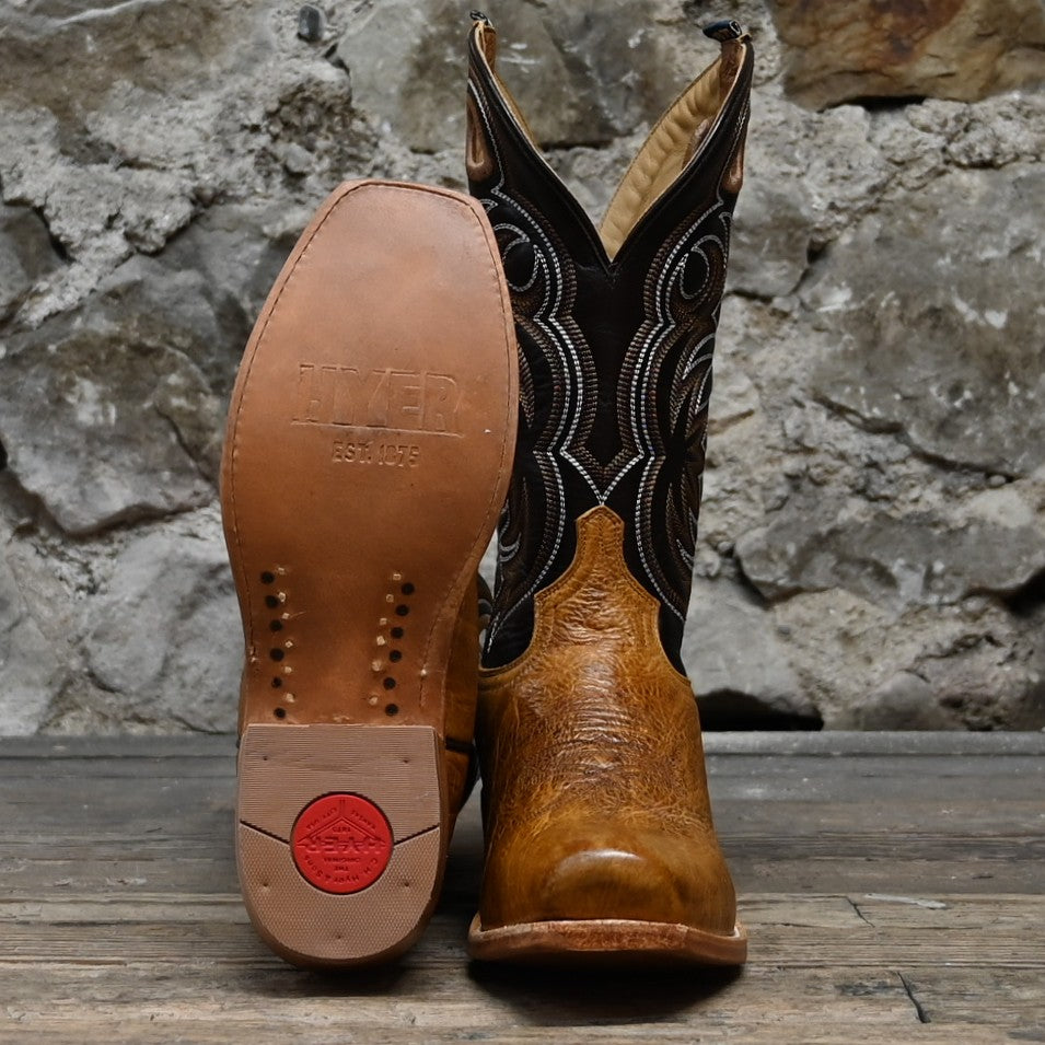 Hyer RILEY 13-inch boot with black shrunken calf vamp, tan vintage goat top, and cutter toe.