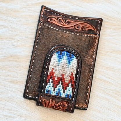View of Front of Hand Tooled Scroll Money Clip with Colorful Design.