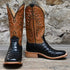 View of Hyer BIG BOW 13" boots featuring a honey vintage goat upper and black belly matte caiman vamp with historic stitch pattern