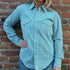 View of Blue Blanket ladies green plaid Western shirt with pearl snap buttons and tailored silhouette
