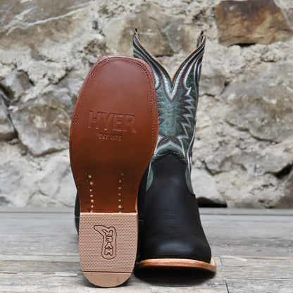 View of Hyer CODELL DENIM 13&quot; boots showcasing denim blue Bravo goat leather shaft and chocolate mule cowhide vamp with broad square toe and Stockman block heel