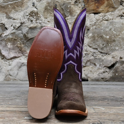View of Hyer CULVER 13&quot; boots showcasing chestnut napped roughout leather vamp and eggplant vintage goat upper with Cutter toe and underslung heel