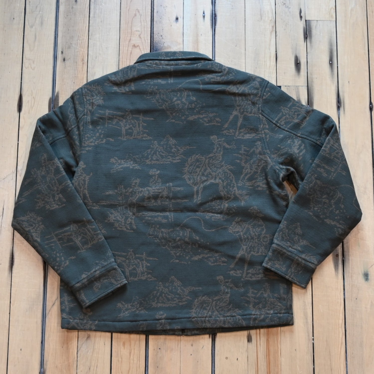 Pendleton Quilted Chamois Work Jacket in Wild Landscape Olive with tan cowboy and horse landscape pattern