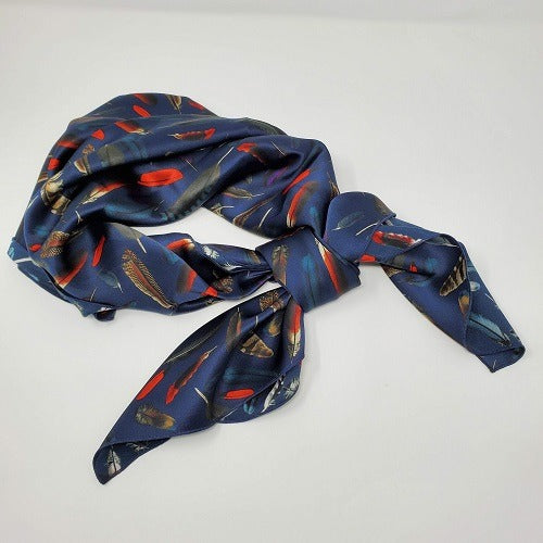 Cowboy Images Charmeuse Feathers Navy Wild Rag 36x36 feather motif on navy charmeuse silk scarf
