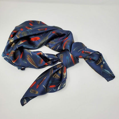 Cowboy Images Charmeuse Feathers Navy Wild Rag 36x36 feather motif on navy charmeuse silk scarf