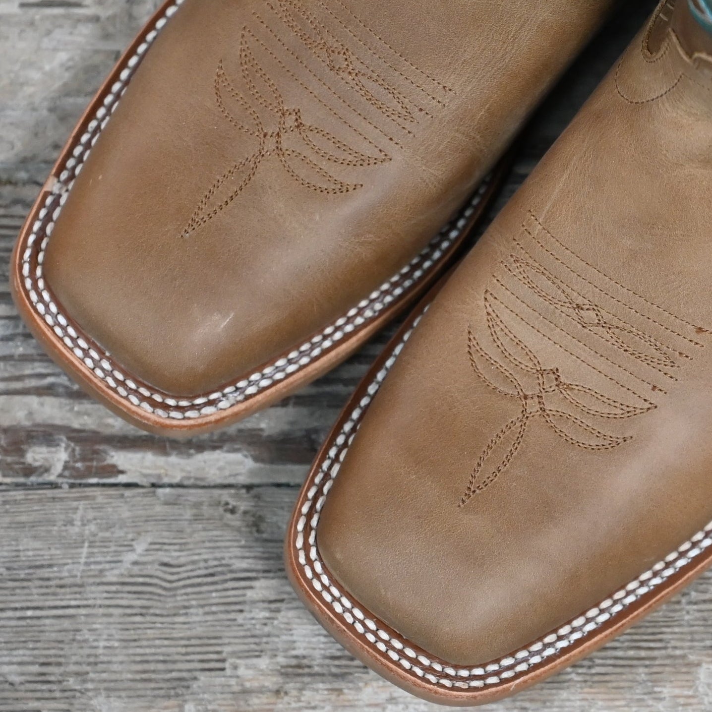 View of Macie Bean 13″ “A Perfect Tan” boot in tan leather with almond toe and City Girl heel