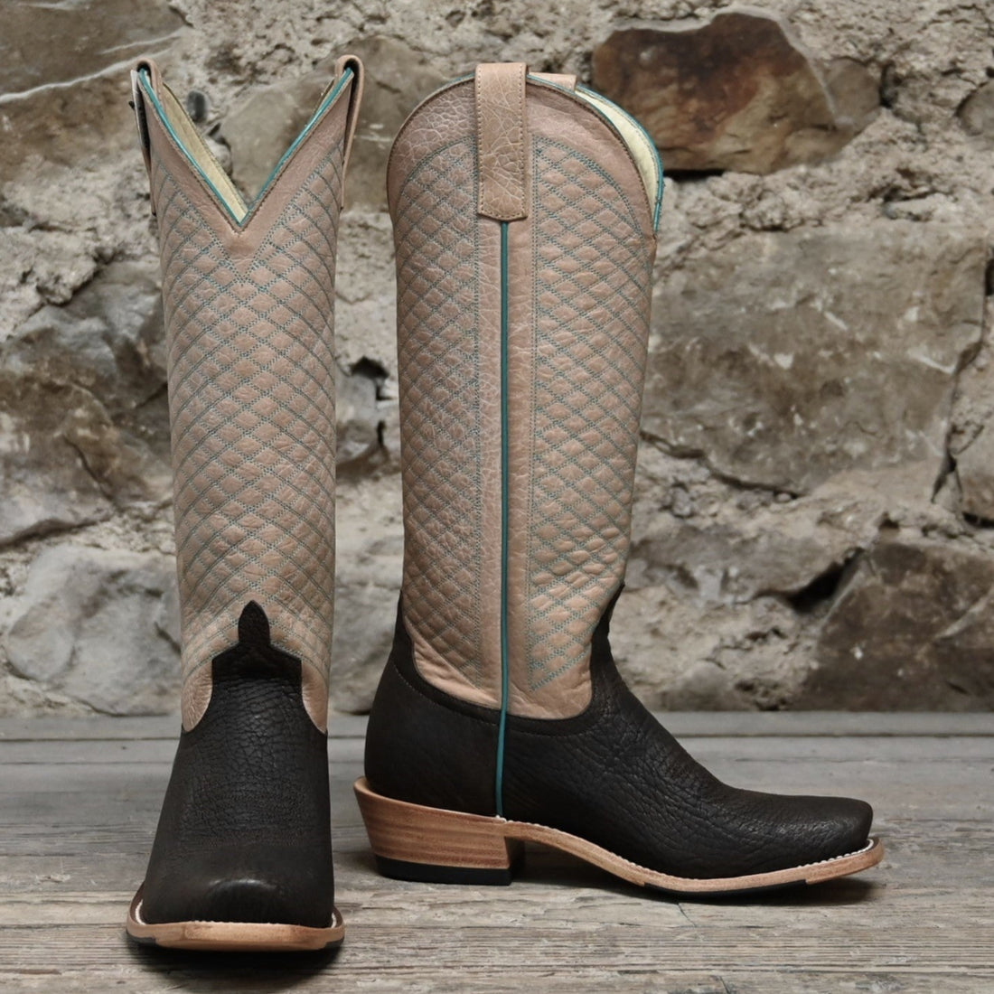 View of Macie Bean 15″ boot with bone shaft, grey bullhide vamp, cutter toe and City Girl heel