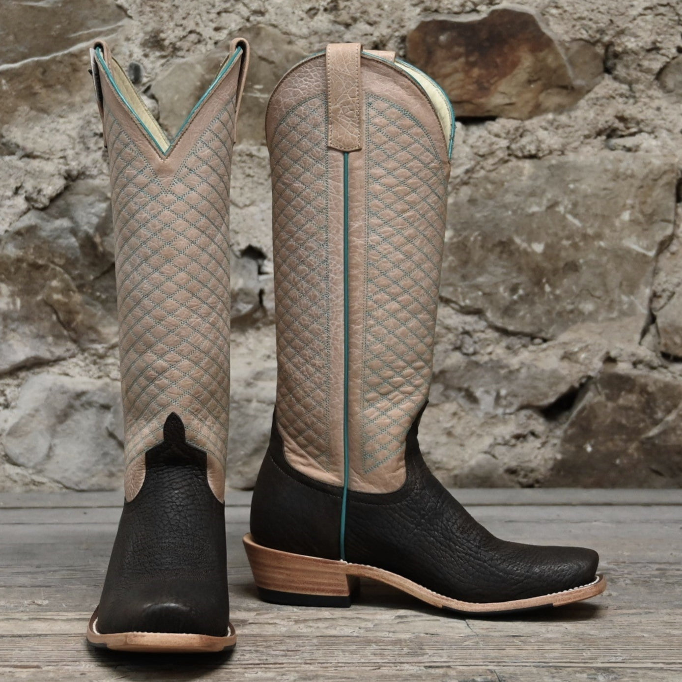 View of Macie Bean 15″ boot with bone shaft, grey bullhide vamp, cutter toe and City Girl heel