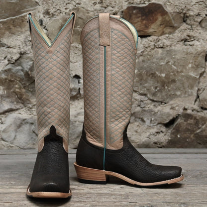 View of Macie Bean 15″ boot with bone shaft, grey bullhide vamp, cutter toe and City Girl heel