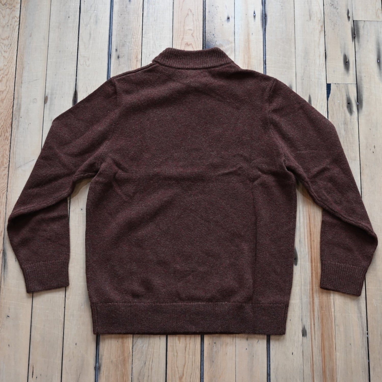 View of Pendleton men’s Shetland wool ¼ zip sweater in Spiced Heather with mock neck and ribbed trim