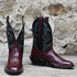 View of Atomic 79 exclusive Hondo Bronc Boot with black top, burgundy vamp, French square toe, and spur lip