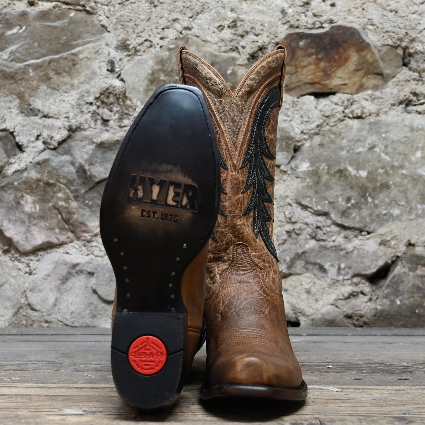 View of Hyer HUDSON 13&quot; boots showcasing tan Mad Dog goat vamp and top with Forest goat overlay, Elite narrow square toe, and leather stacked heel