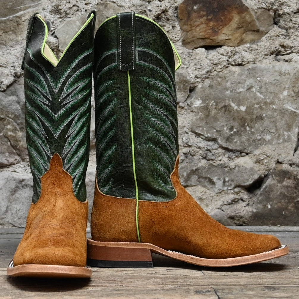 View of Anderson Bean 13&quot; boot with rust crazy horse vamp, emerald explosion top, and square toe