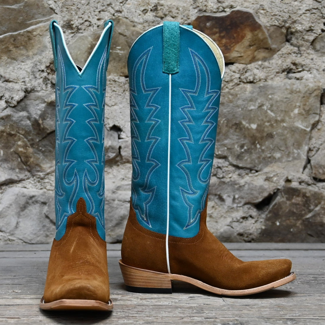 View of Macie Bean 15″ boot with turquoise top and camel suede vamp, cutter toe and City Girl heel