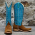 View of Macie Bean 15″ boot with turquoise top and camel suede vamp, cutter toe and City Girl heel