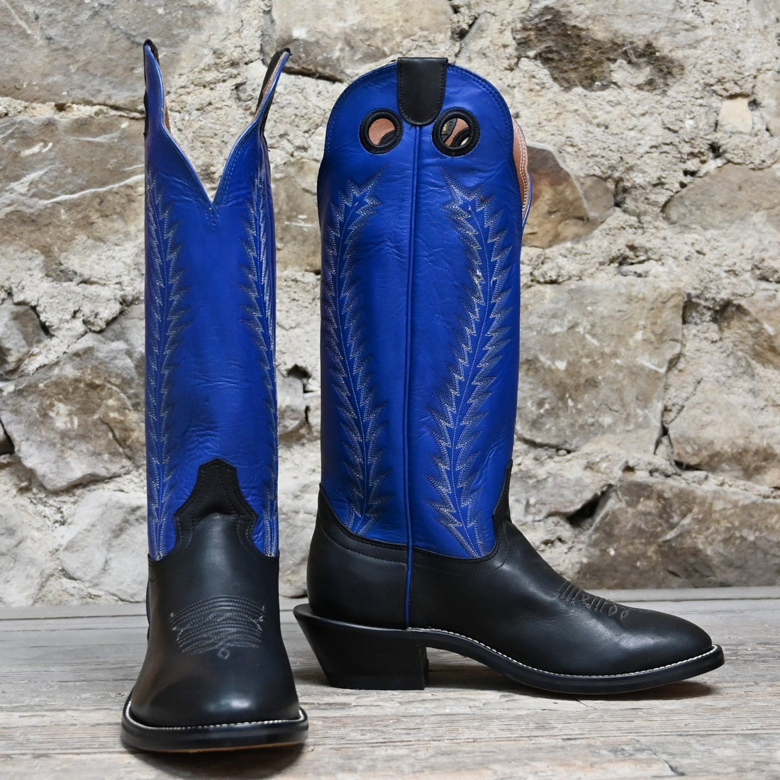 View of Hondo 16&quot; cowboy boot with royal blue top, black retan vamp, pull holes, and spur ledge