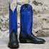 View of Hondo 16" cowboy boot with royal blue top, black retan vamp, pull holes, and spur ledge
