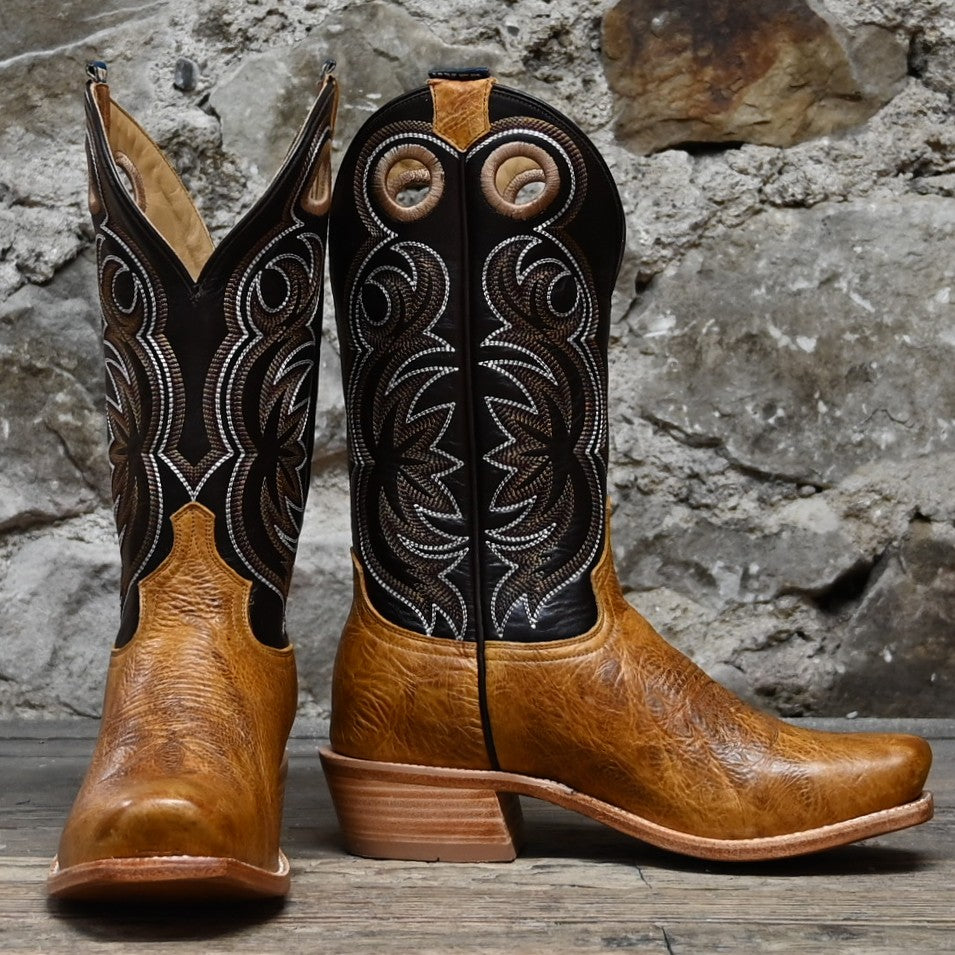 Hyer RILEY 13-inch boot with black shrunken calf vamp, tan vintage goat top, and cutter toe.