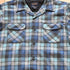 View of Pendleton men’s wool board shirt in Blue Original Soft Plaid with square hem and flap chest pockets