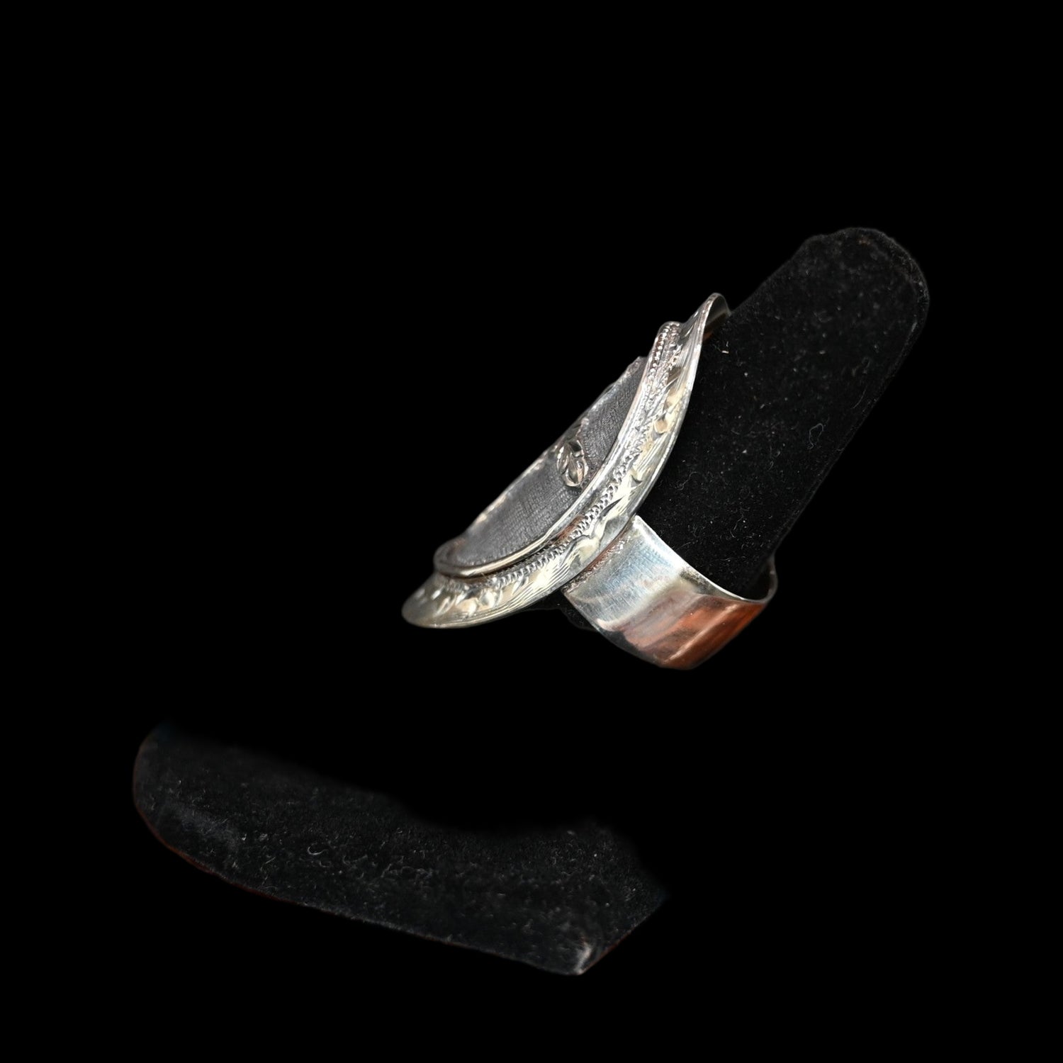 Vogt Silversmiths The Marigold sterling silver ring with engraved cross and oxidized oval