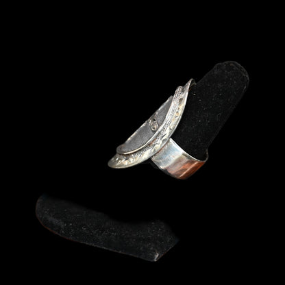 Vogt Silversmiths The Marigold sterling silver ring with engraved cross and oxidized oval